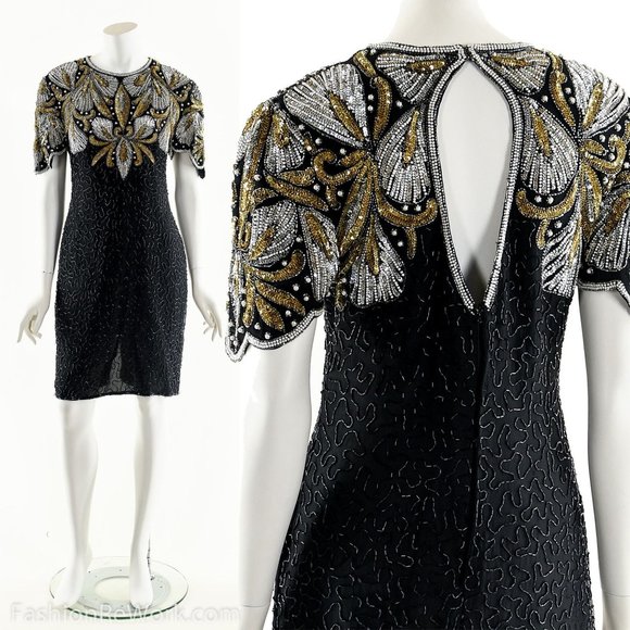 Beaded Silk Dress,Sequin Silk Dress,Heavily Beaded Black Dress,Ornate Baroque Dr - Picture 6 of 10